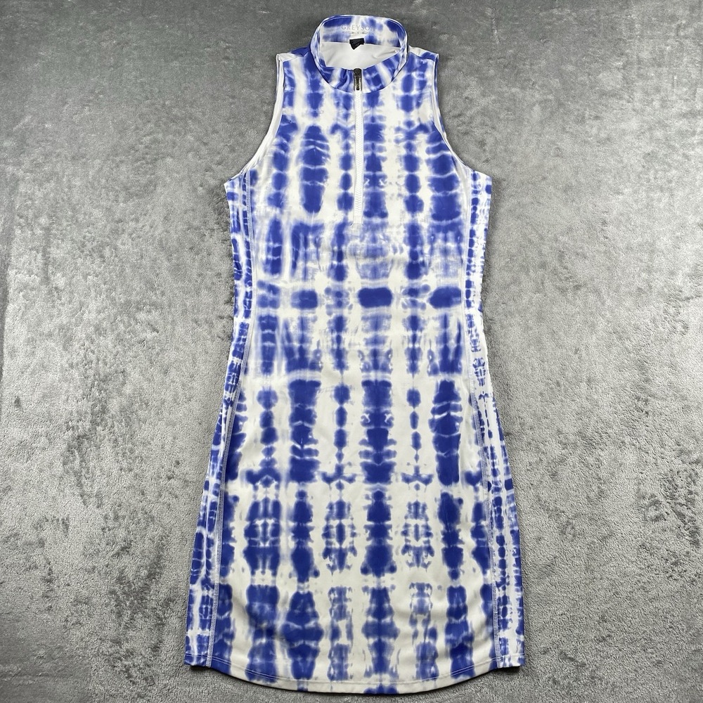 Greyson Dress Womens Size S Blue White Shibori Sleeveless Nova Mock Neck 1/4 Zip